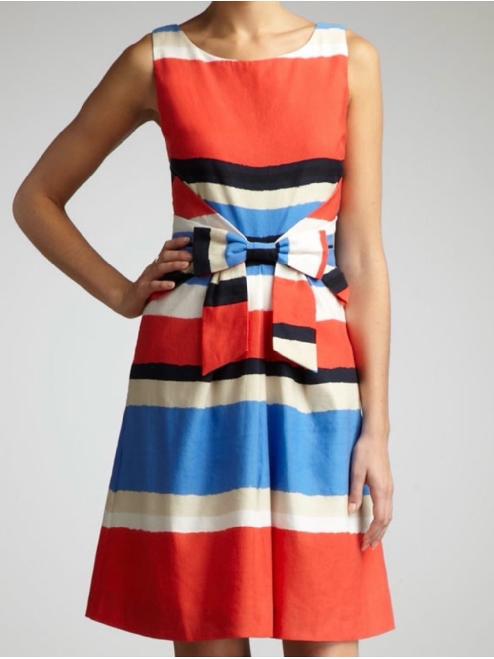 Kate Spade Striped Bow Midi Jillian Dress in Red, Blue, Cream & Black
